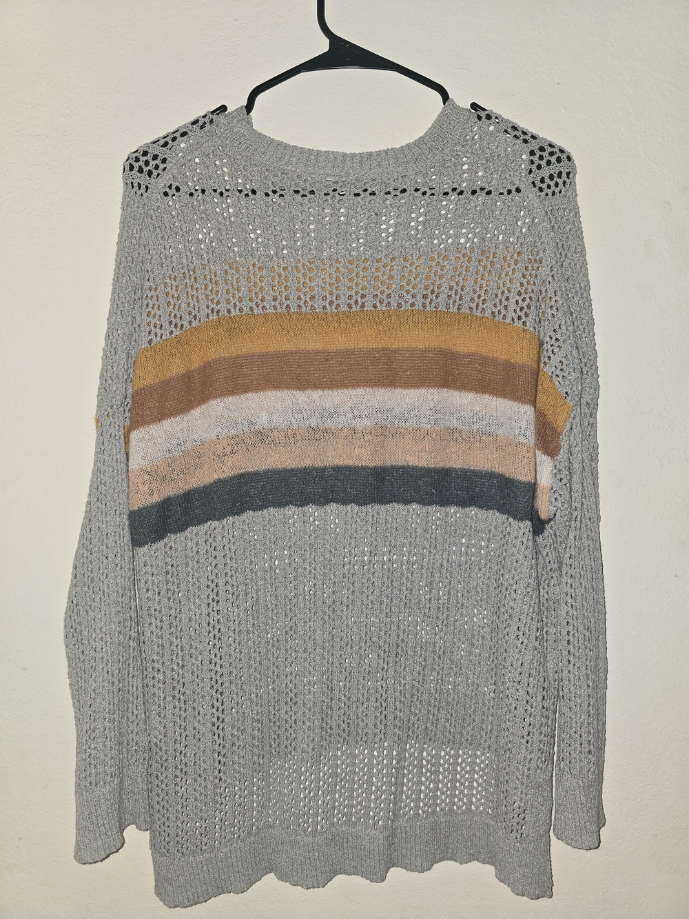 Cozy Casual Gray Open-Knit Crewneck Sweater with Striped Chest